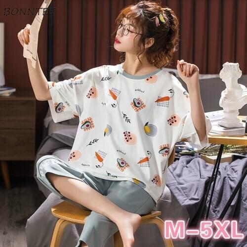 Pajama Sets Women Korean Cartoon Summer Kawaii Print Casual Lady Homewear Pregnant Soft Simple Fashion Nighwear Plus Size M-5XL