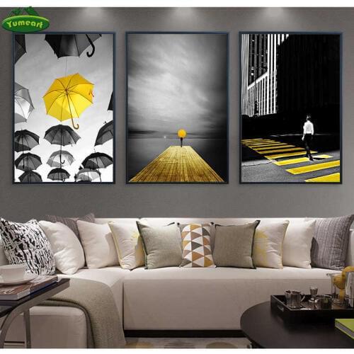 Man Walk Yellow Umbrella Wall Art Posters Prints Portrait European Street Print Canvas Painting Living Room Bedroom Home Decor