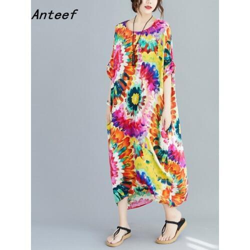 Short sleeve cotton vintage floral dresses for women casual loose long summer beach dress elegant clothes 2021