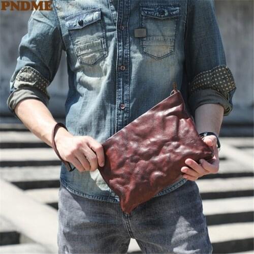 PNDME fashion simple genuine leather mens clutch bag vintage pleated designer natural real cowhide multifunctional phone wallet