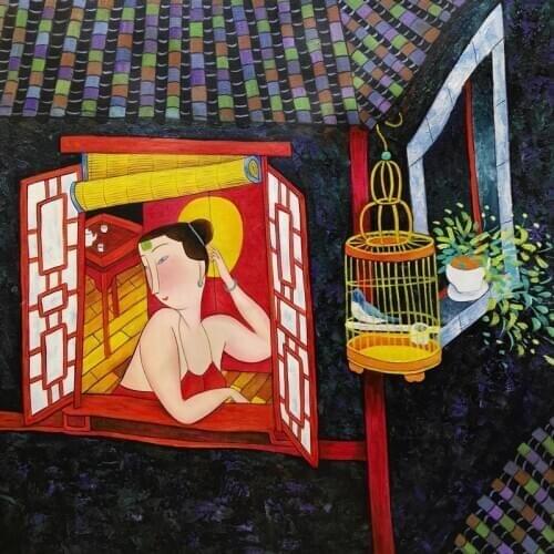 Hand painted Oil Painting on Canvas Hu YongKai Chinese Contemporary Art Woman Wall Art Pictures for Living Room Home Decor #1010