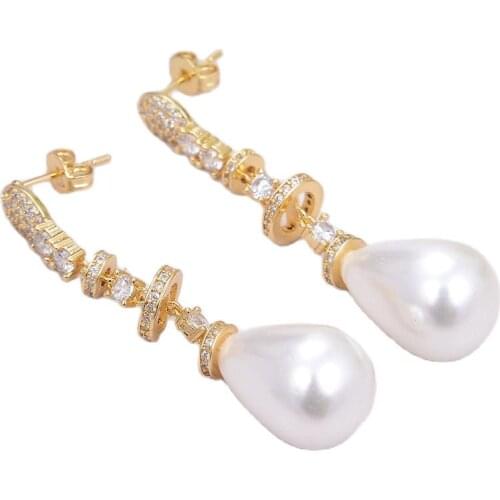 JK Teardrop White Sea Shell Pearl Gold Color Plated CZ Cubic Zirconia Pave Loop Post Earrings For Women