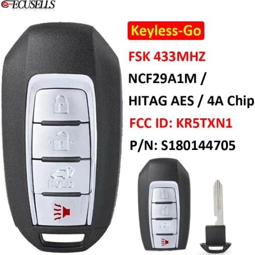 Keyless-Go Smart Remote Car Key (SUV) FSK 433Mhz NCF29A1M / HITAG AES / 4A Chip FCC ID: KR5TXN1 S180144705 For Infinit QX50 QX60