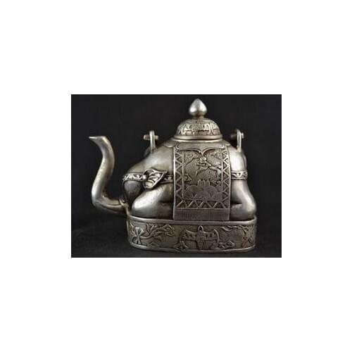 Old Tibetan Old Collectibles Decorated Handwork Miao Silver Carve Elephant Lucky Big Tea Pot decoration bronze factory outlets