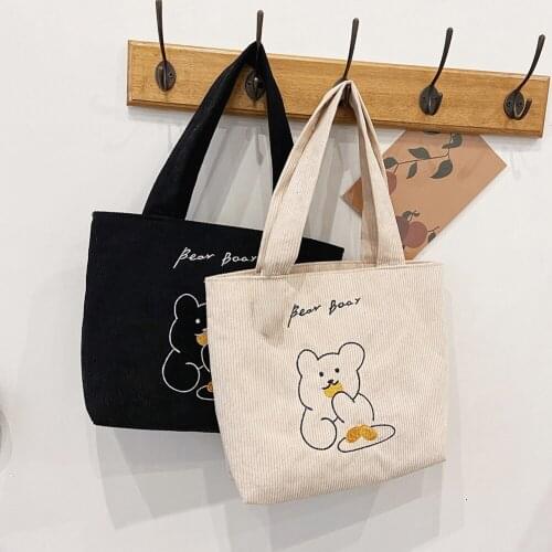 Cartoon Bear Pattern Top-handle Bags Women Fashion Handbags Totes Corduroy Satchel Portable Travel Large Capacity Shoulder Bag