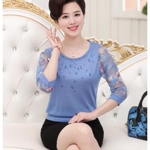 High Quality Womens Summer & Spring Blouse Shirts Middle-aged Mother Lace Embroidery Floral Sleeve Knitted Blouse Tops