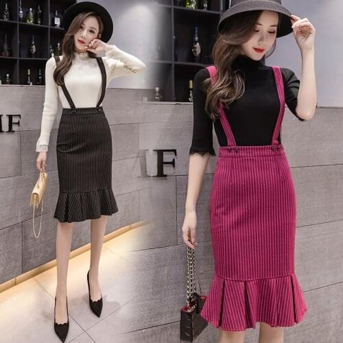 Women Summer Striped Ruffles Braces Strap Skirt OL Lady Work Office Wear High Waist Plus Size Mermaid Bodycon Hip Package Skirt