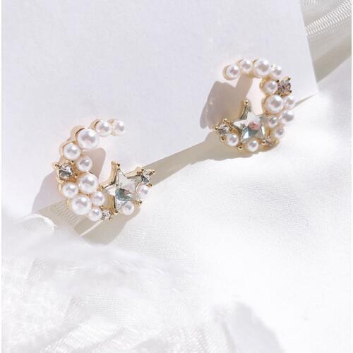 MENGJIQIAO Cute Elegant Crystal Star Pearl Moon Stud Earrings For Women Students Fashion Korean Small Boucle D'oreille Jewelry