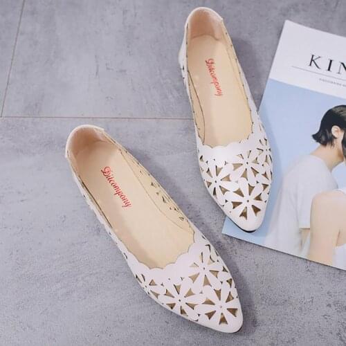 Women Flats Shoes Shallow Flat Heel Hollow Out Flower Shape Nude Shoes Pointed-toe Shoes Leisure Slip-on Flat zapatos mujer