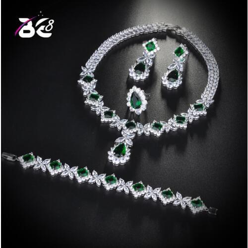 Be 8 Charm Green Cubic Zirconia Jewelry Sets for Women Bridal Wedding Sets 4 Pcs Earring Necklace Ring Bracelet Gift S162
