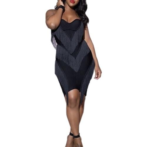 Womens Sexy Strapless Tassel Dress Off Shoulder Solid Sleeveless Backless Zipper Elastic Waist Elegant Dresses