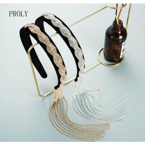 PROLY New Fashion Women Hairband Shining Gold Silver Baroque Hairband Chain Tassel Rhinestone Headband Adult Hair Accessories