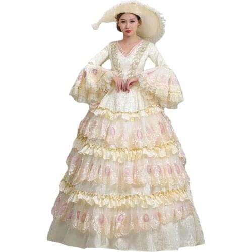 2021 Beige Costumes European-style Court Clothes Elegant Retro Lady Party Dress Group Party Show Catwalk Women Theater Costume