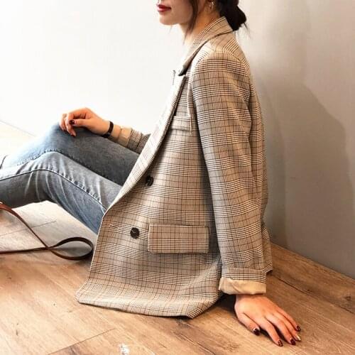 Vintage Plaid Fall Blazers Notched Collar Long Sleeve Double Breasted Jackets Ladies Slim Pockets Suits Coats Outerwear C015