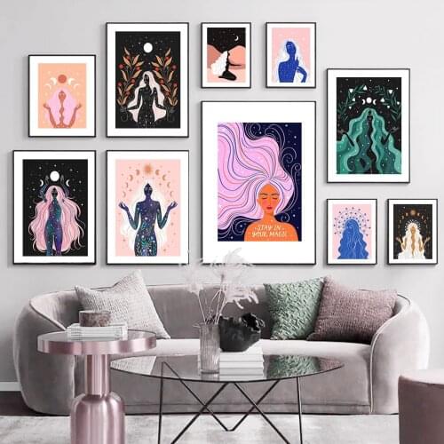 Boho Witch Star Moon Sun Girl Flower Leaf Line Wall Art Canvas Painting Nordic Posters And Prints Decor Pictures For Living Room