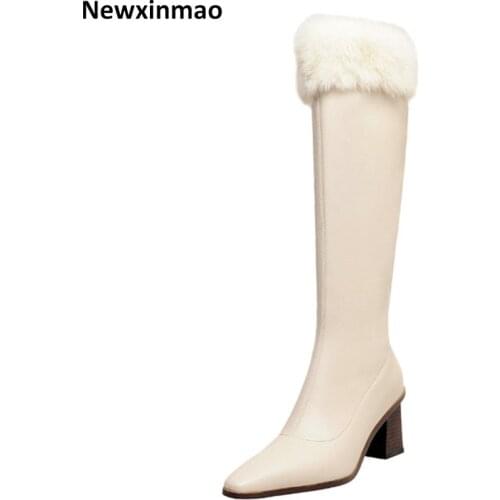 Side Zipper Snow Boots Platform Round Toe Chunky Heels Shoes Woman Genuine Leather Winter Party Working Basic Knee High Boots