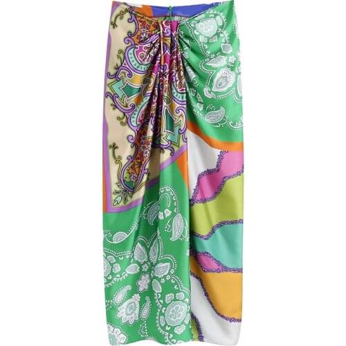 Women Vintage Cloth Patchwork Floral Print Knotted Sarong Skirt Faldas Mujer Female Back Zipper Chic Vestidos 2021 New Skirts