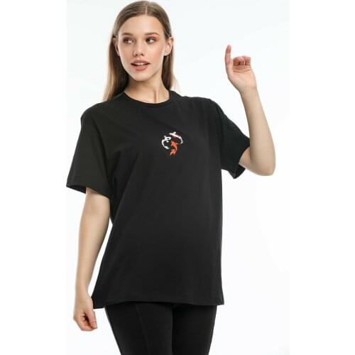 Argentum Look Women 'S Black Koi Fish Embroidered 100 Cotton Oversize T-shirt AL-TS0003