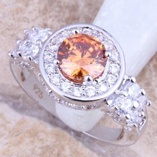 Jolly Champagne Morganite White CZ Silver Plated Womens Jewelry Ring Size 6 / 7 / 8 / 9 R1435