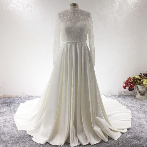 LZ365 Ivory Lace High Neck Long Sleeve Wedding Dress Heavy Beaded Small Pearls Sequin Long Bridal Gown Vestido De Noiva