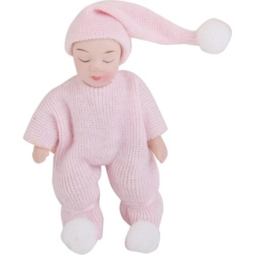 1/12 Scale Dolls House Porcelain Dolls Cute Sleeping Baby In Pink Sweater