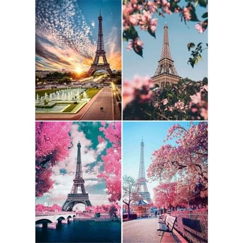 4 Sets DIY 5D Diamond Painting Kits Full Drill Rhinestone Embroidery Pictures Pink Eiffel Tower Home Wall Decor Wholesale X2