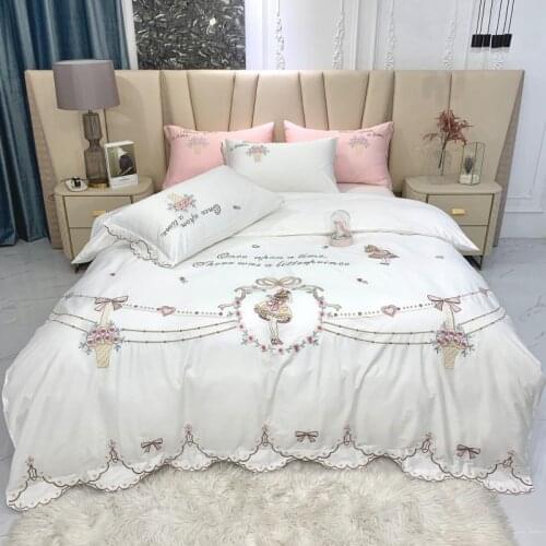 New Luxury White Long Staple Cotton Girl Bedding Set Princess Flower Bow Embroidery Duvet Cover Flat/Fitted Sheet Pillowcases