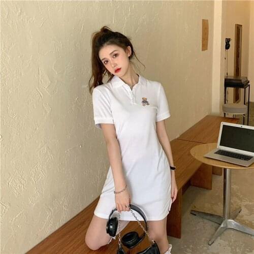 Bear Embroidery Tight Dress Lapel T-Shirt One Piece Dress For Woman 2021 Summer Polo Collar White Dresses KPOP Sexy Skirt Korean