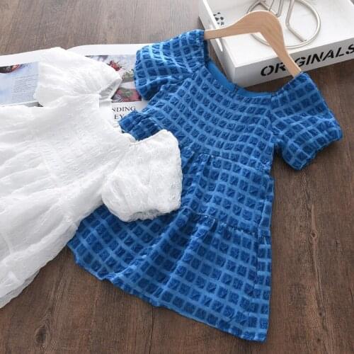 Menoea Baby Girls Princess Solid Color Grid Dresses Short Sleeve Korean Version Casual Party Ruched Children Clothes 2-6 Years