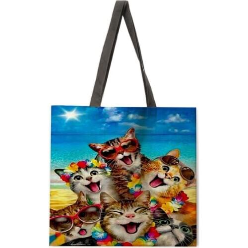 Outdoor beach bag cat and dog combo linen tote bag female leisure portable lady shoulder bag foldable shopping bag