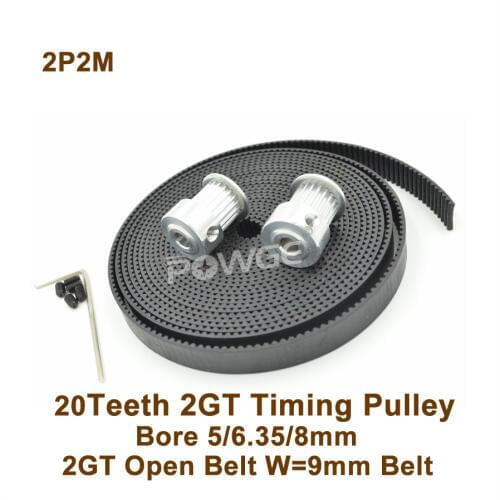 POWGE 2pcs 20 Teeth 2GT Pulley Bore5/6.35/8mm + 2meters GT2 Synchronous Belt W=9mm 20T 20Teeth GT2 Timing Belt Pulley 20-2GT