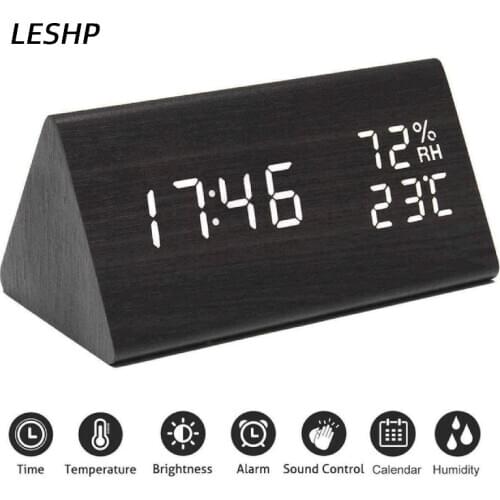 Rectangular Wooden LED Digital Humidity Temperature Alarm Clock Electronic Luminous Perpetual Calendar Decor Clock For Bedroom