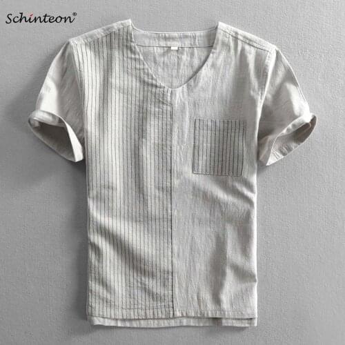 Schinteon Men Summer Cotton Linen Shirt Short Sleeve Comfortable Thin Striped Patchwork Loose V-Neck Pullover Shirt New
