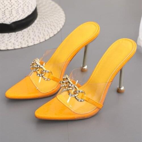 Diamonds Chain Strap Clear PVC Upper Slip on Ladys High Heeled Sandal Stone Print Pointy Toe Metal High Heels