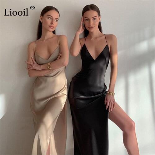 Liooil Sexy Satin Backless Slit Maxi Dress Women New 2021 Sleeveless Deep V Neck Black Champagne Birthday Party Long Dresses