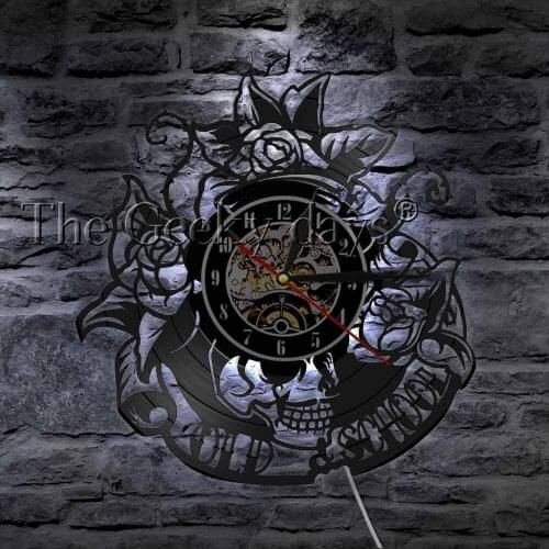 Old School Design Skull Flowers Tattoo Vintage Vinyl Record Wall Clock Retro Skeleton Wall Art Decor Clock Watch Gift For Him