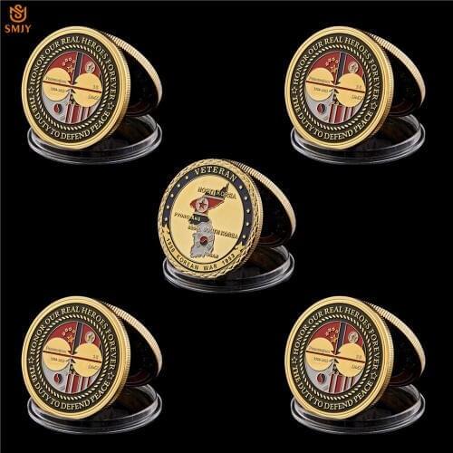 5Pcs/Lot 1950-1953 Korean War Veterans Defend The Peace Glory Medal Military USA Gold Commemorative Coin Value
