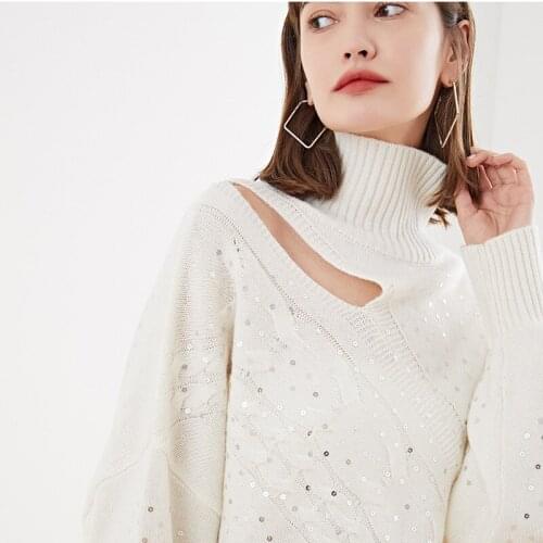 Womens fashion loose turtleneck long sleeve hollow out pullover sweater women