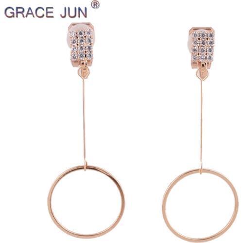 High Quality AAA CZ Long Circle Clip on Earrings Without Piercing for Girl Party Wedding Cute Cushion Earrings Charm Accessories