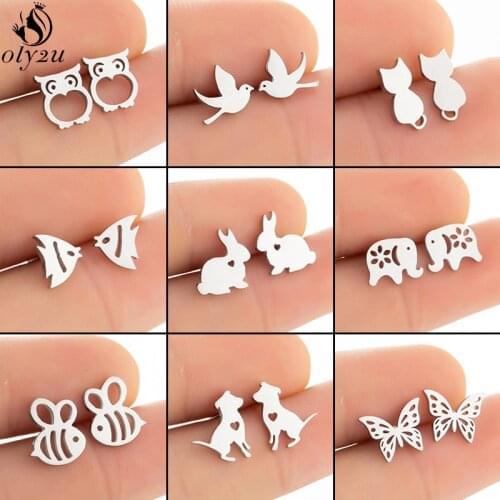 Trendy Jewelry Stainless Steel Animal Stud Earrings for Women Kids Lovely Cat Dog Rabbit Bee Earing Accessories boucle d'oreille