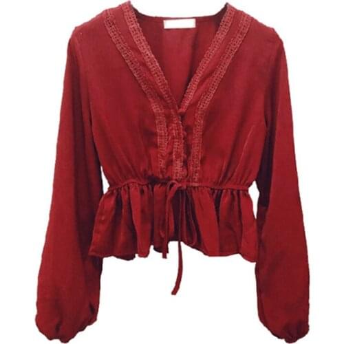 PERHAPS U Women Black White V-neck Lantern Sleeve Long Sleeve Loose Solid Lace Blouse Shirt Spring Summer B0468