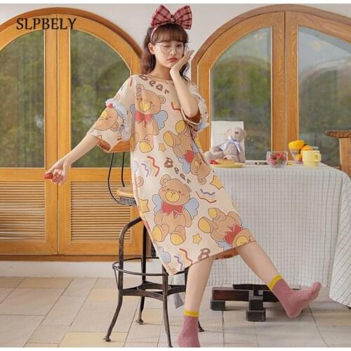 SLPBELY Women Summer Night Dress Nightgown Lovely Cartoon Bear Short Sleeved Sleepwear Cute Homewear Nightskrit Kawaii Nightwear