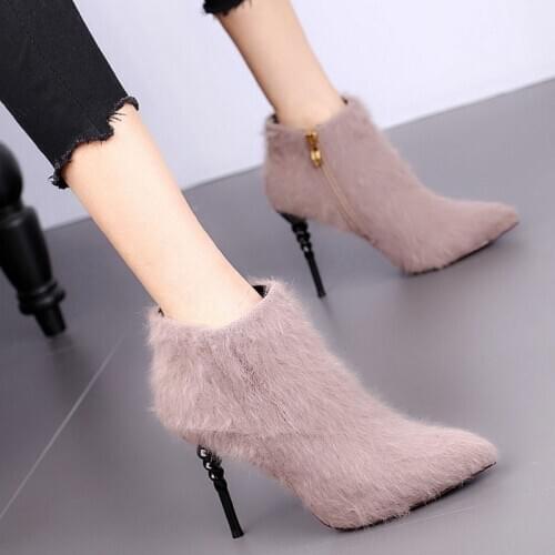 2021 Autumn and winter new pointed toe boots side zipper all-match high heel womens shoes stiletto fashion Korea Bare boots 34