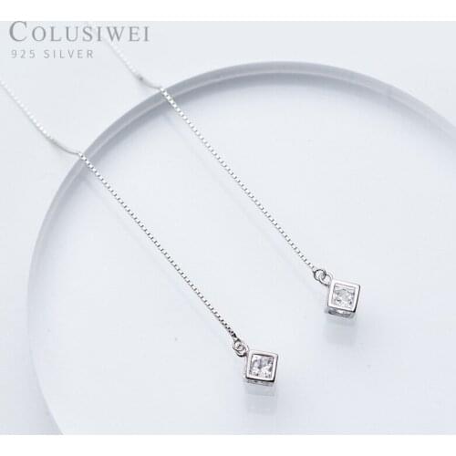 Colusiwei Geometric Cube Long Tassel Drop Earrings for Women Sparkling Clear CZ Dangle Earrings 925 Sterling Silver Jewelry
