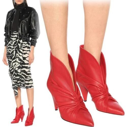 Pleated Ankle Boots Spike Heel Sexy Pointed Toe Slip On Dress Ladies Runway Booties Leather Solid Red Black White Boots
