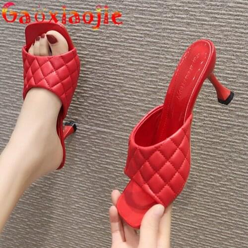 Slippers Women 2021 Summer New Open-Toe Thin Heels 6.5cm Female Sandals PU Word Band Square Head Shoes Outer Wear Women Slides