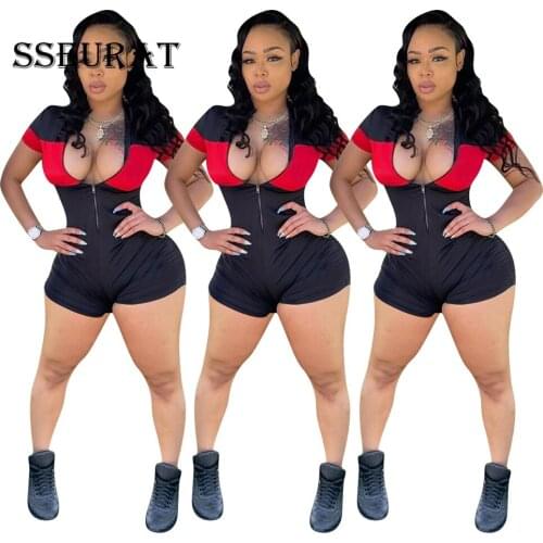 SSEURAT Women One Piece Outfit Playsuits Patchwork Short Sleeve Zip Stand Collar Short Jumpsuit Skinny Elastic Clothing Summer