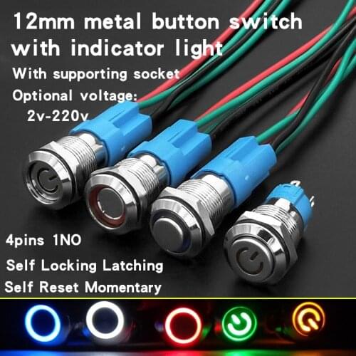 10pcs 12mm Metal Waterproof Momentary/Latching Small Push Button Switch 4pin with Base 2-24V