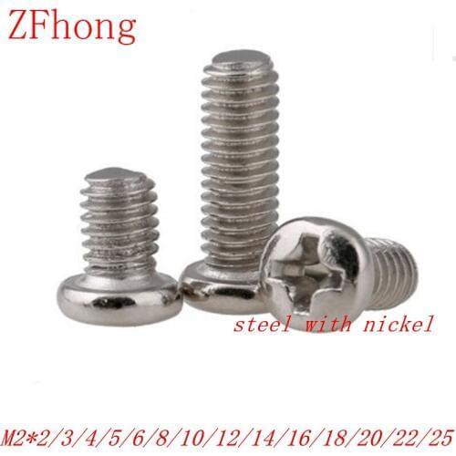 1000pcs M2 steel with nickel phillips round pan head machine screw length 2mm to 25mm