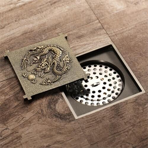 10x10cm Antique Brass Household Art Carved Dragon Floor Floor Drain Bathroom Shower Square Floor Drain Filter